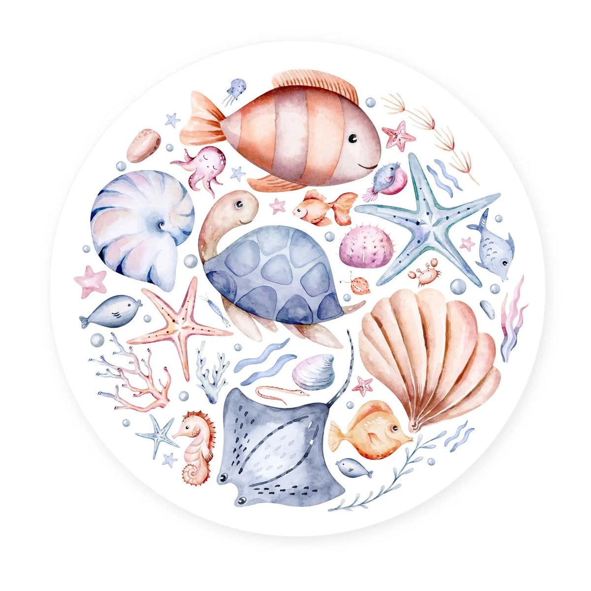 Sticker perete copii rotund cu explorarea fascinantei lumi a vietii acvatice:  pesti, cal de mare, stridii si broaste testoase!   AQUA WORLD