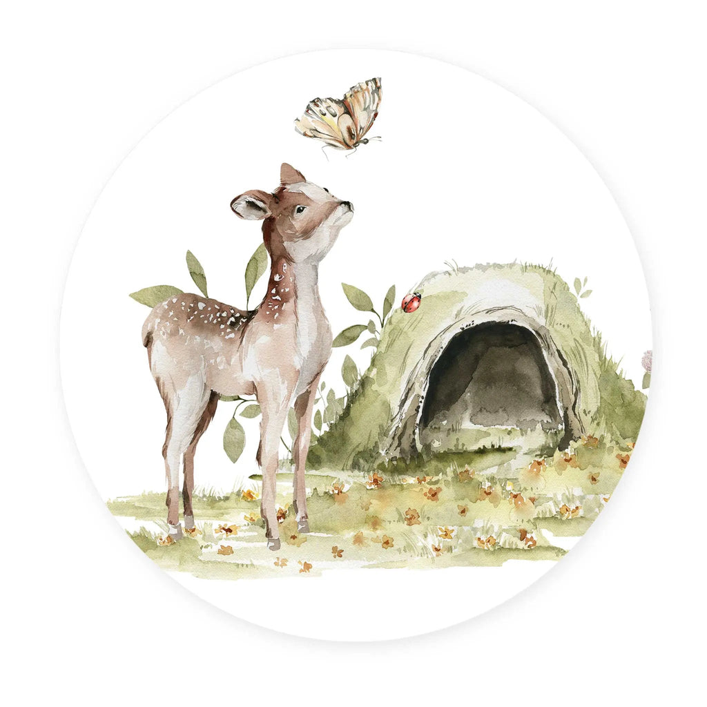 Sticker perete copii rotund cu Caprioara draguta si ilustratie padure in acuarela   BAMBI