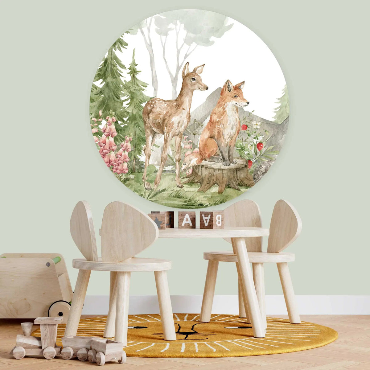Sticker perete copii rotund peisaj de padure in acuarela cu animale: caprioara, iepure, arici si vulpe    FORREST ANIMALS
