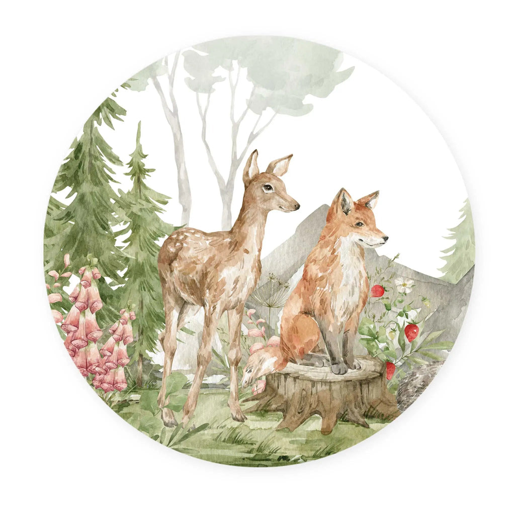 Sticker perete copii rotund peisaj de padure in acuarela cu animale: caprioara, iepure, arici si vulpe    FORREST ANIMALS