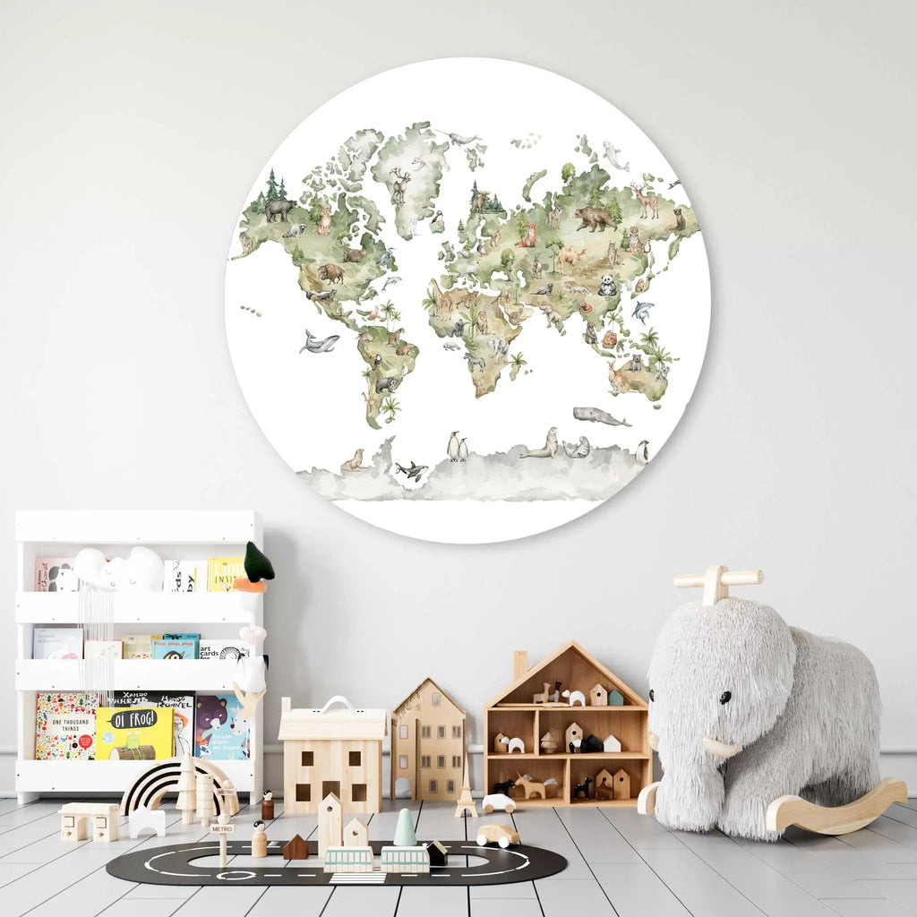 Sticker perete copii rotund cu harta animale din lumea intreaga   WORLD OF ANIMALS
