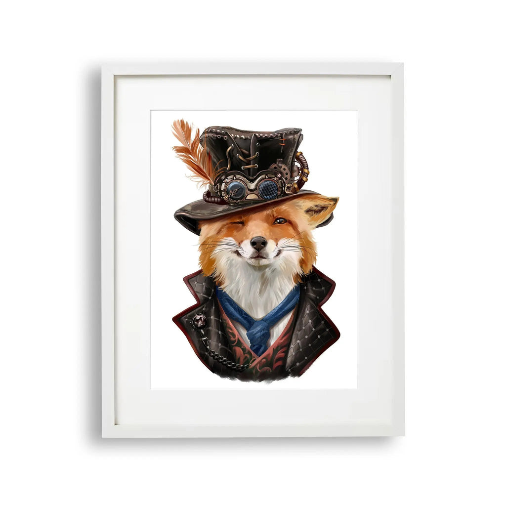 Tablou cu rama pentru copii care ilustreaza o vulpe vicleana in haine steampunk sly fox