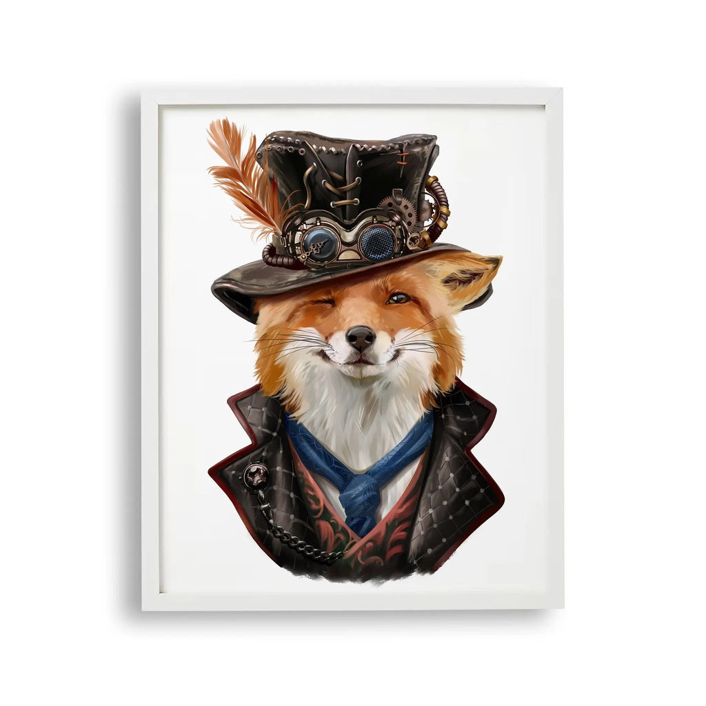 Tablou cu rama pentru copii care ilustreaza o vulpe vicleana in haine steampunk sly fox