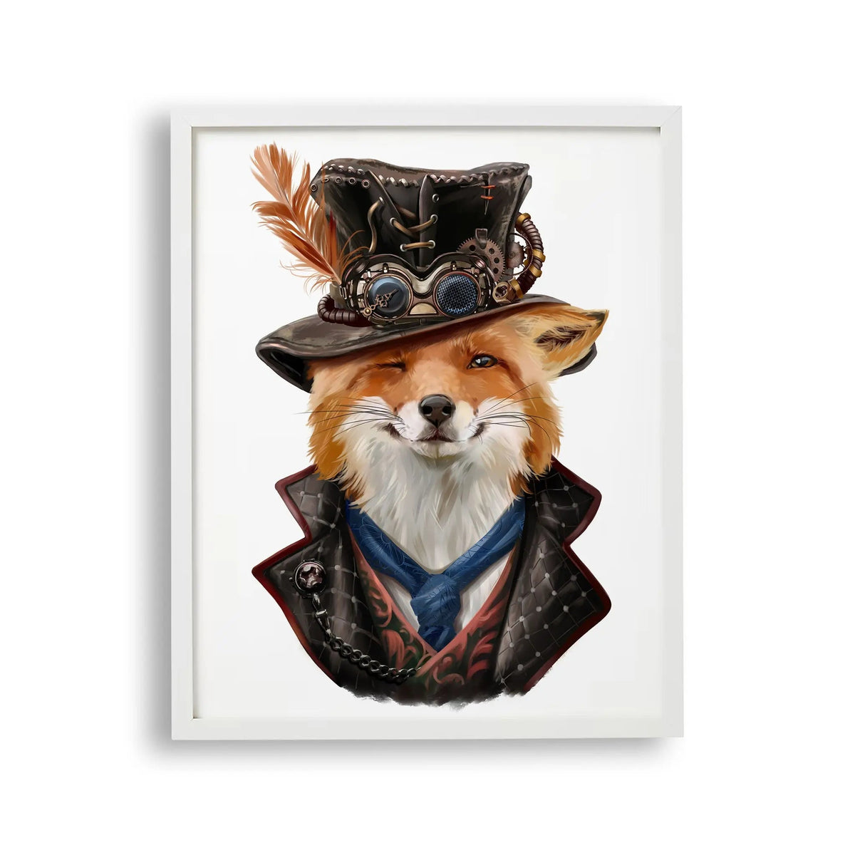 Tablou cu rama pentru copii care ilustreaza o vulpe vicleana in haine steampunk sly fox
