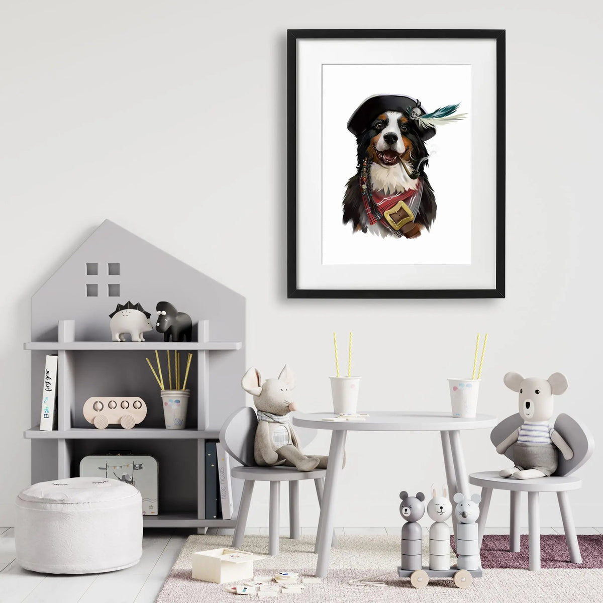 Tablou cu rama pentru copiilor care reprezinta un caine bernese pirat cu pipa in gura bernese dog