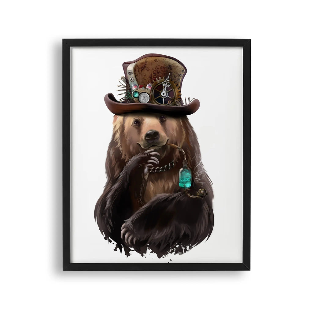 Tablou cu rama destinat copiilor care reprezinta un urs brun purtand o palarie steampunk si tinand o pipa in gura brown bear