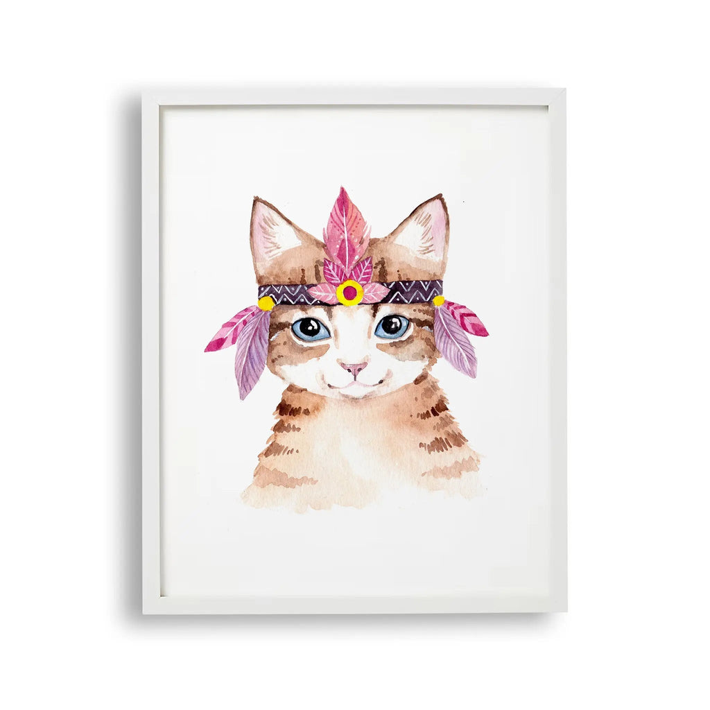 Tablou cu rama pentru copii care reprezinta o pisica draguta cu o pana pe cap ilustrata intr o pictura acuarela fluffy cat