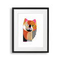 Tablou cu rama pentru copii care reprezinta un portret abstract pictat cu acuarela al unei pisici cu linii de pensula colorate colorful cat