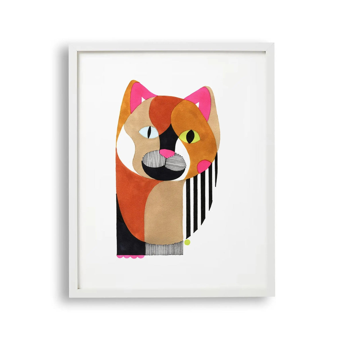 Tablou cu rama pentru copii care reprezinta un portret abstract pictat cu acuarela al unei pisici cu linii de pensula colorate colorful cat