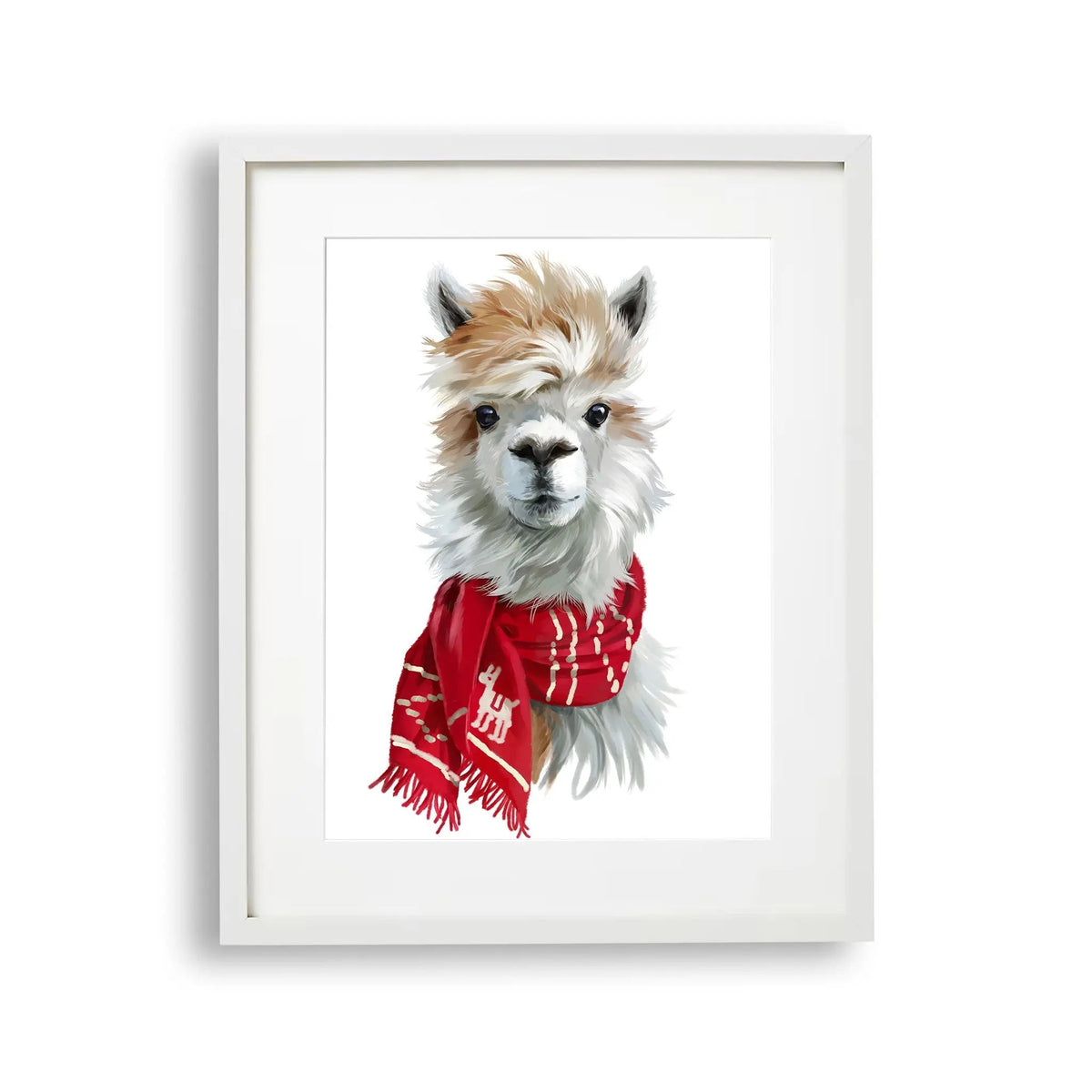Tablou cu rama pentru copii care prezinta o alpaca desenata cu acuarela care poarta o esarfa rosie alpaca