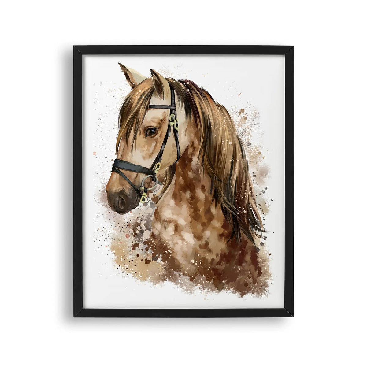 Tablou cu rama pentru copii care prezinta un portret impresionant al unui cal maro pictat cu acuarela acrylic equine