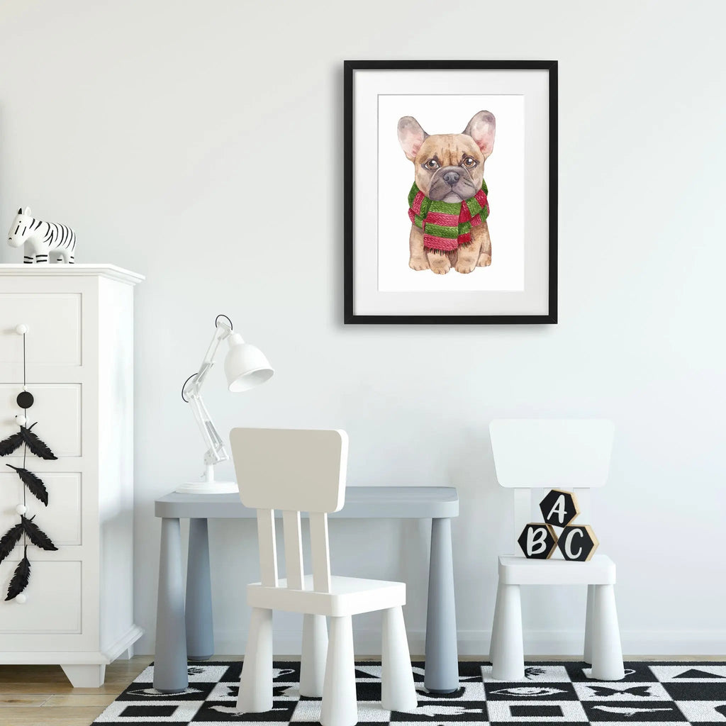 Tablou cu rama pentru copii care ilustreaza un buldog francez cu fular la gat pictat cu acuarela french bulldog
